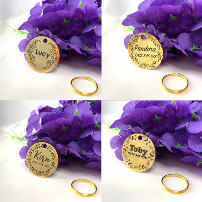 Dog ID Tag Stainless Steel Gold Plated Premium Custom Name Engraved Dog Tag with Floral Design