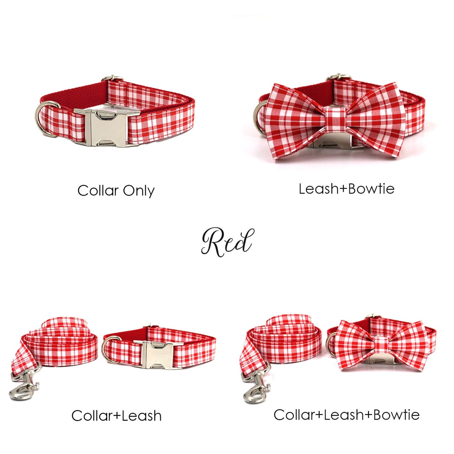 Personalised Dog Collar and Lead Set with Matching Dog Bow Tie in Purple, Red, Black and Plaid Pattern Design