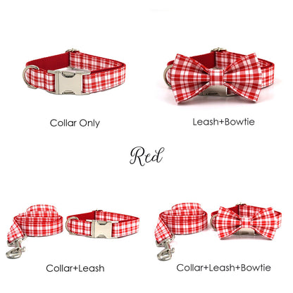 Personalised Dog Collar and Lead Set with Matching Dog Bow Tie in Purple, Red, Black and Plaid Pattern Design