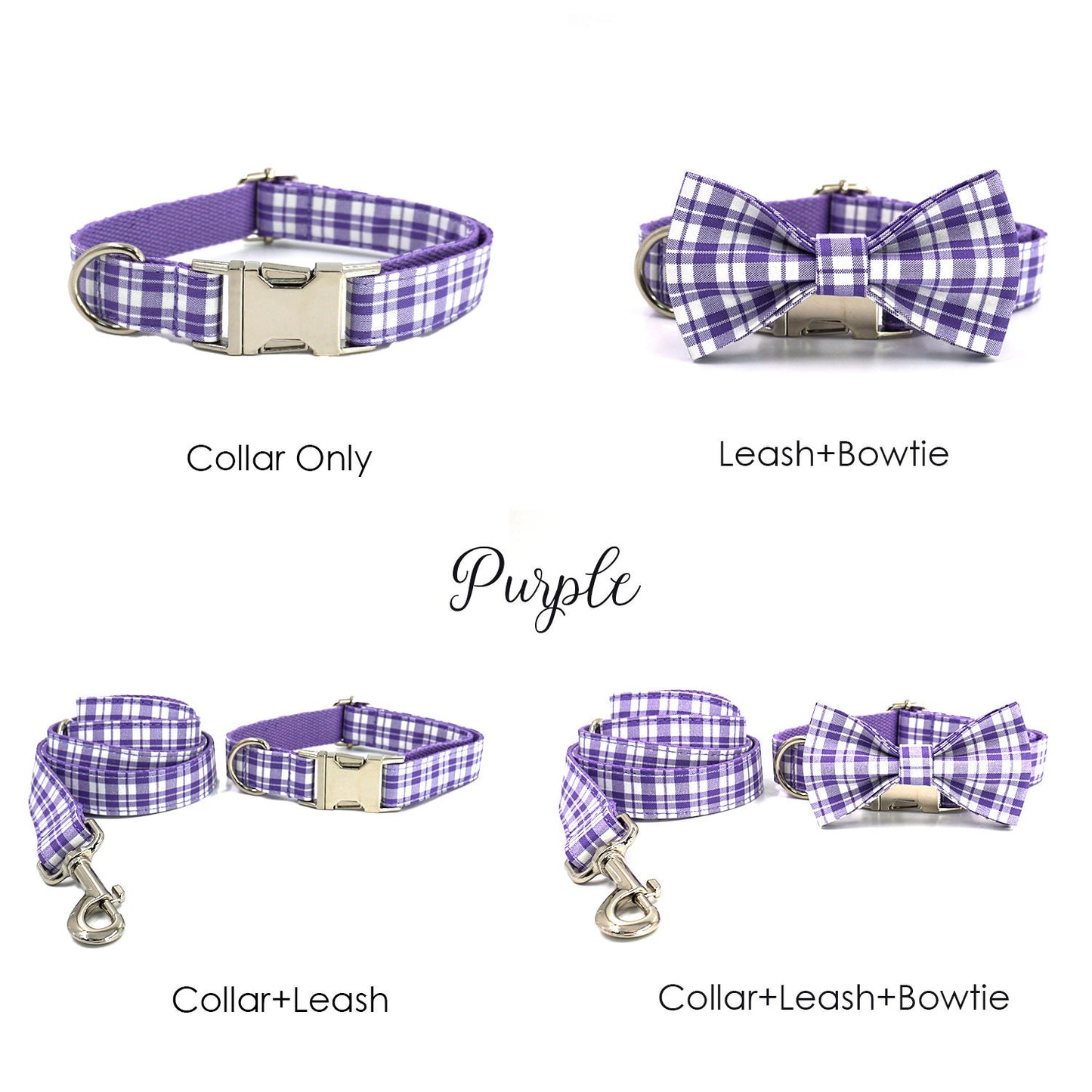 Personalised Dog Collar and Lead Set with Matching Dog Bow Tie in Purple, Red, Black and Plaid Pattern Design