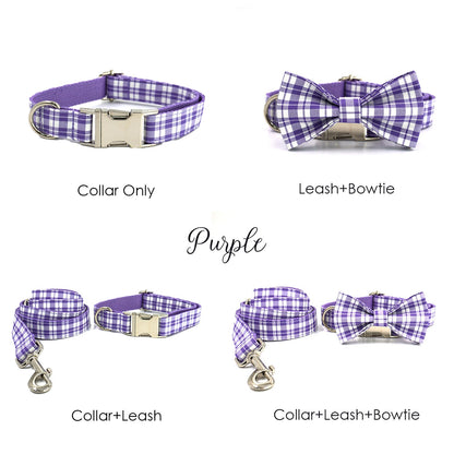 Personalised Dog Collar and Lead Set with Matching Dog Bow Tie in Purple, Red, Black and Plaid Pattern Design
