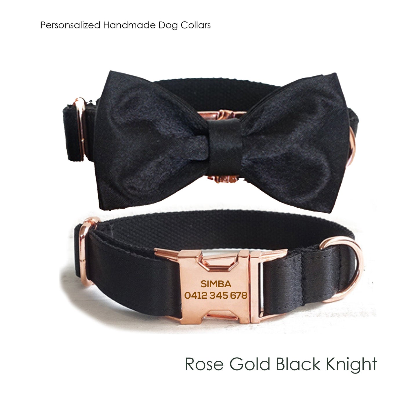 Black Dog Collar Personalised Rose Gold Engraved Buckle with Custom Dog Name ID