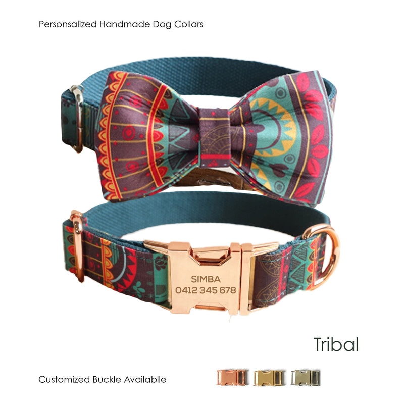 Personalized Engraved Tribal Custom Dog Collar Handmade Dog Collar or Dog Collar and Leash Set