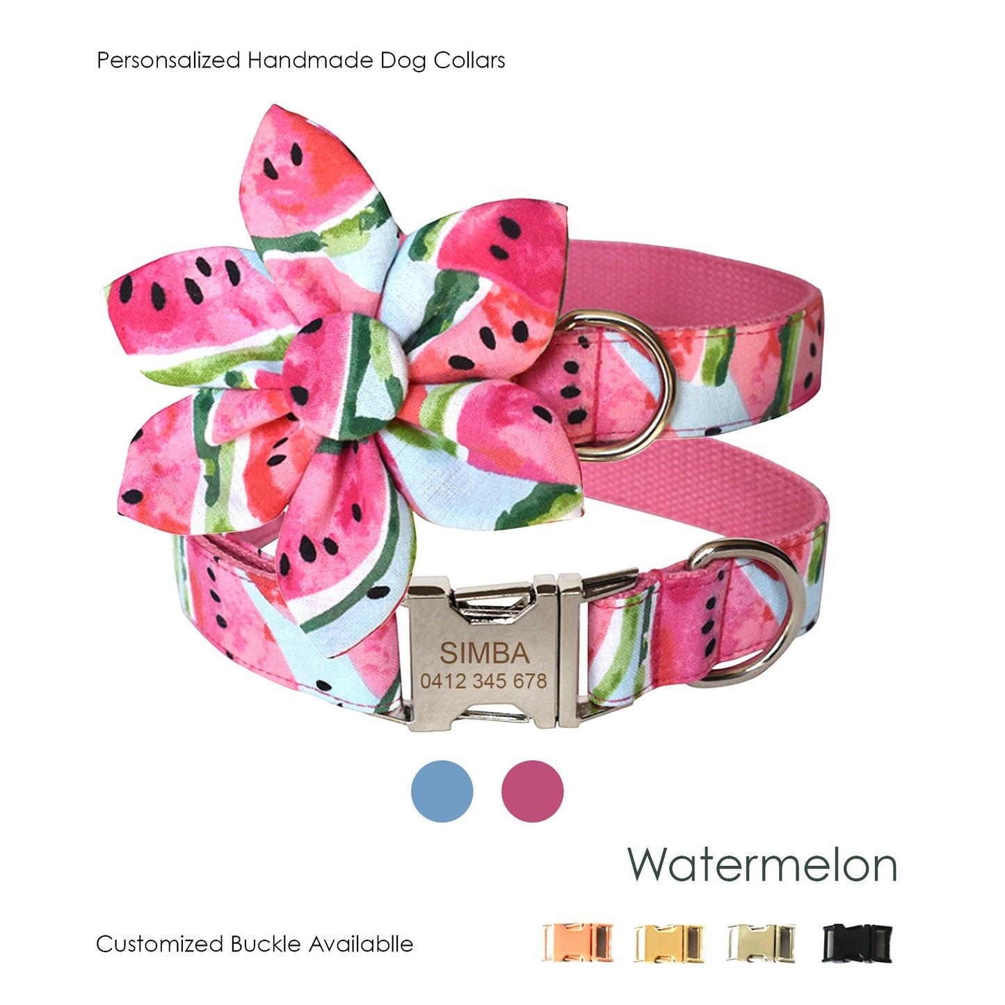 Personalised Watermelon Cute Dog Collar or Dog Collar and Leash Set, Matching Flower, Trendy Style For All Seasons