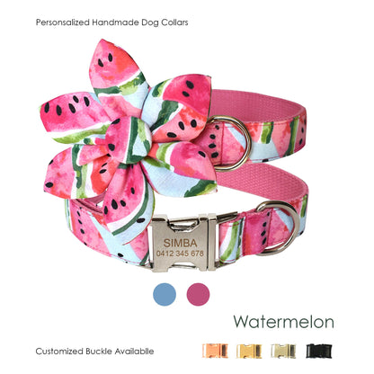 Personalised Watermelon Cute Dog Collar or Dog Collar and Leash Set, Matching Flower, Trendy Style For All Seasons
