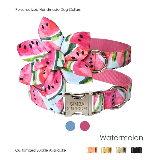 Personalised Watermelon Cute Dog Collar or Dog Collar and Leash Set, Matching Flower, Trendy Style For All Seasons