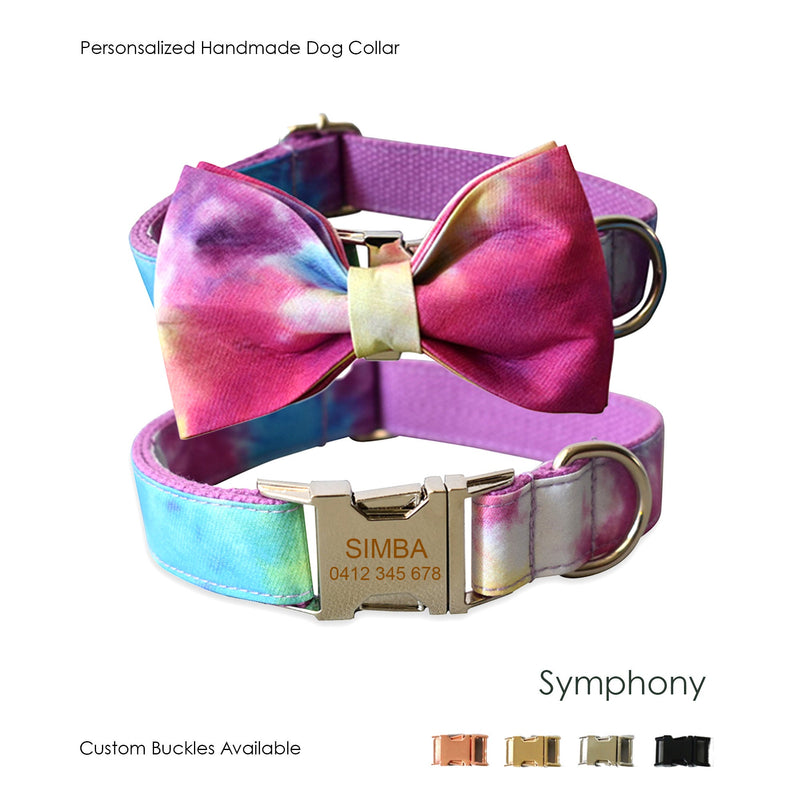 Tiedye Dog Collar Personalized Pet Name Engraved Handmade Dog Collar or Dog Collar and Lead Set, Bowtie Available