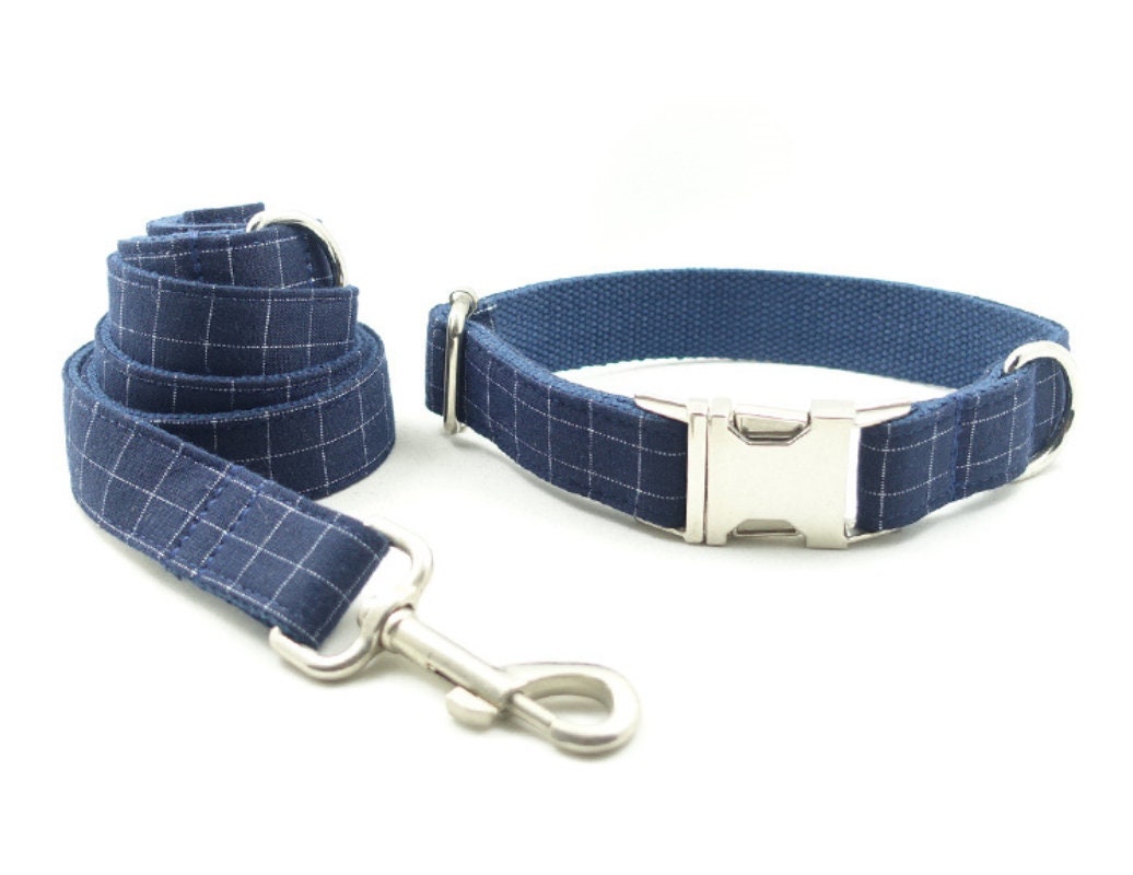 Personalised BLUE GREY PLAID Boy Dog Collar or Dog Collar and Lead Set