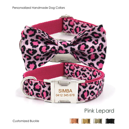 Personalised Pink Leopard Dog Collar or Dog Collar and Lead Set