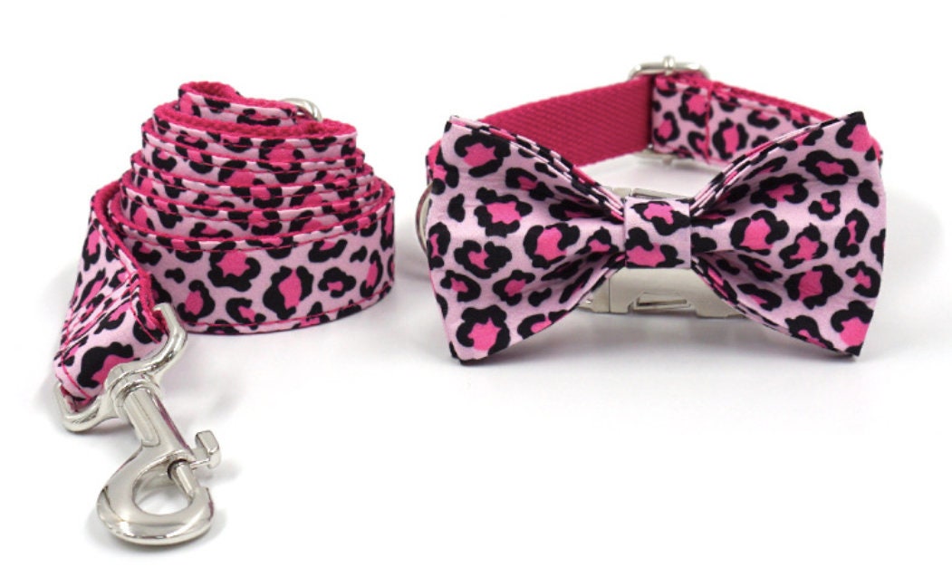 Personalised Pink Leopard Dog Collar or Dog Collar and Lead Set