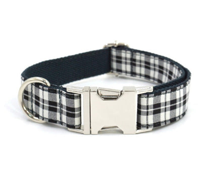 Personalised Dog Collar and Lead Set with Matching Dog Bow Tie in Purple, Red, Black and Plaid Pattern Design