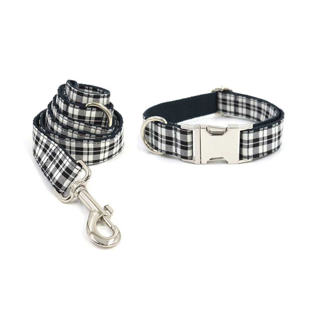 Personalised Dog Collar and Lead Set with Matching Dog Bow Tie in Purple, Red, Black and Plaid Pattern Design