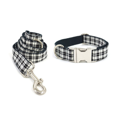 Personalised Dog Collar and Lead Set with Matching Dog Bow Tie in Purple, Red, Black and Plaid Pattern Design