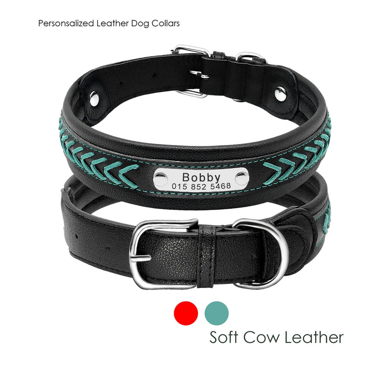 Personalized Engraved Genuine Leather Hand Braided Dog Collar in Red and Blue, Perfect for Medium to Large Dog
