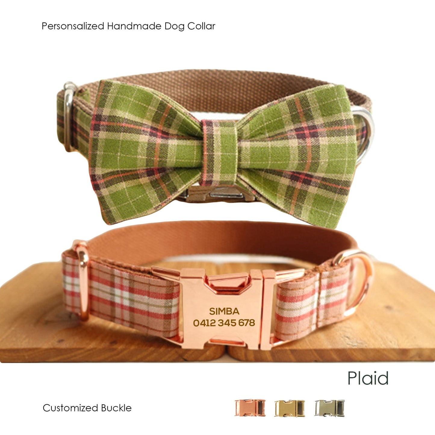 Personalised Dog Name Engraved Handmade BRITISH Plaid Green Dog Collar Boy Girl, Dog Leash