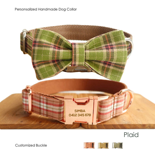 Personalised Dog Name Engraved Handmade BRITISH Plaid Green Dog Collar Boy Girl, Dog Leash