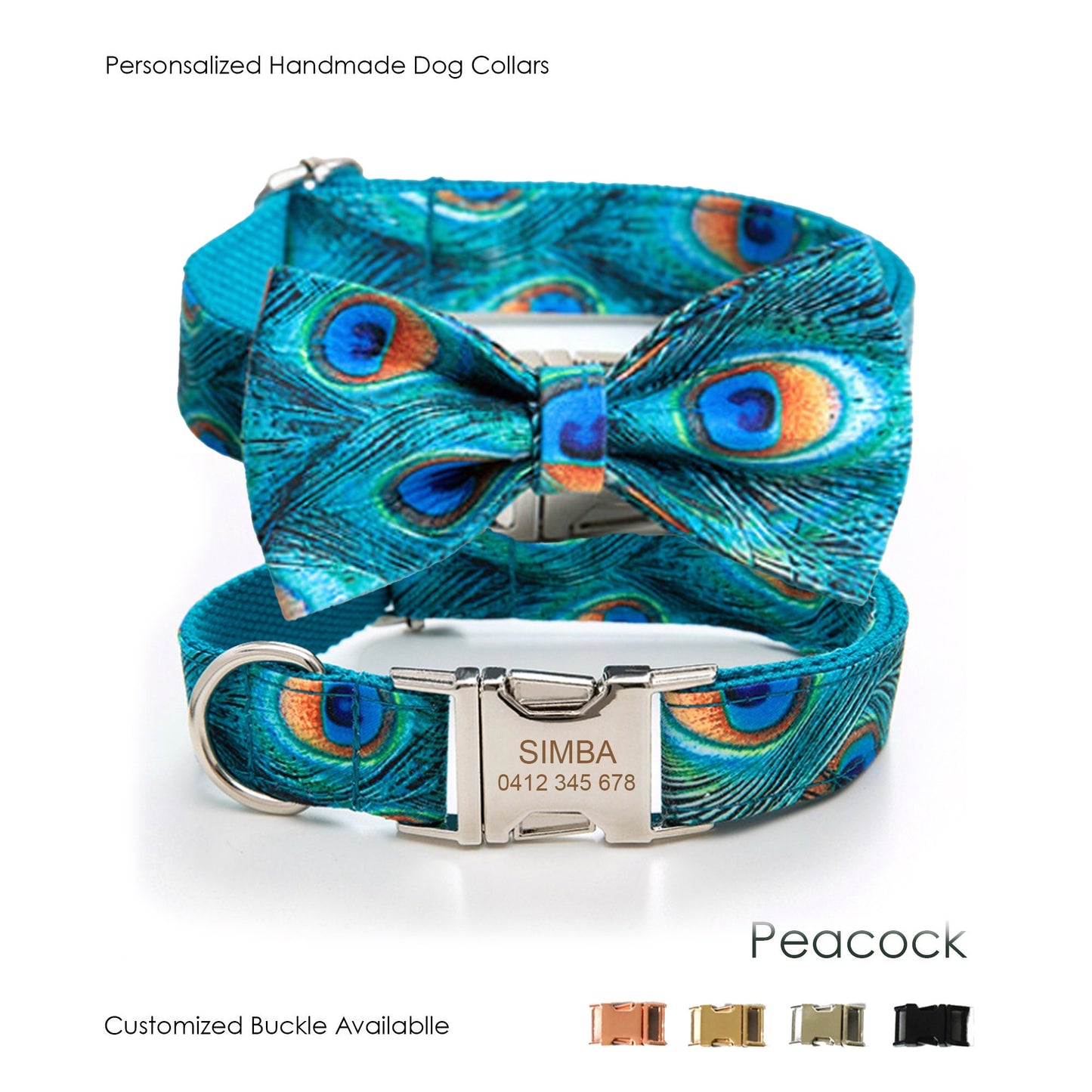 CLEARANCE, NEXT DAY ship | Personalised Peacock Dog Collar