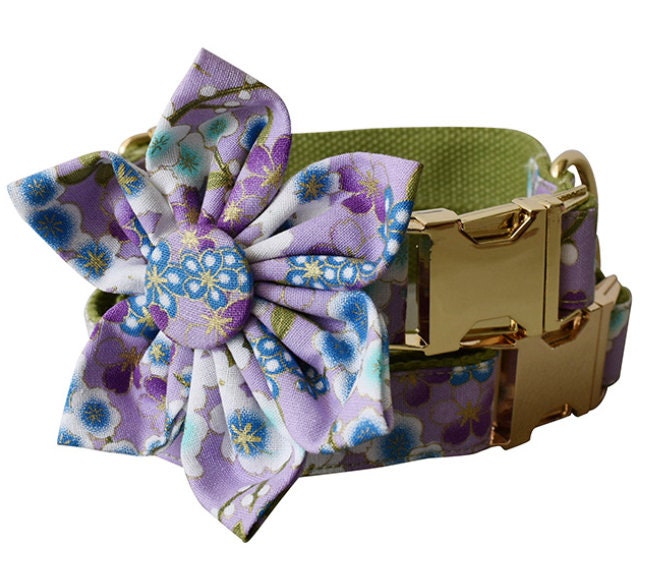 Personalised Japanese Purple Floral Dog Collar or Dog Collar and Lead Set