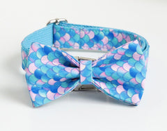 Dog Collar Personalized Engraved Handmade Mermaid Design Dog Collar and Lead Set, Dog Bow Tie