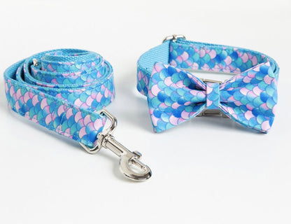 Dog Collar Personalised Mermaid Design Dog Collar and Lead Set, Dog Bow Tie