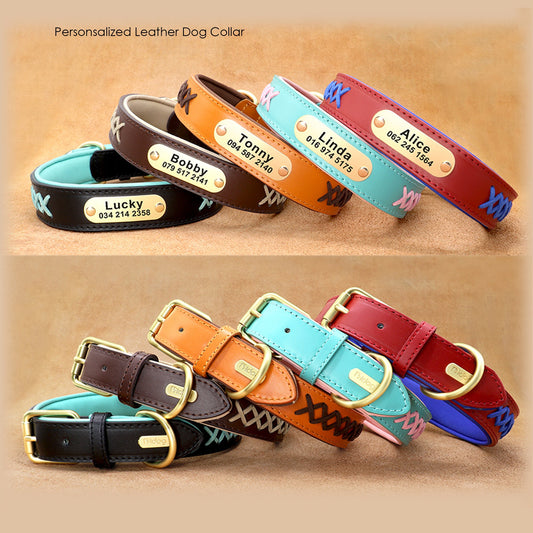Personalised Genuine Leather Dog Collar, Custom Red Pink Blue Brown Black Soft Braided Real Leather Dog Collar