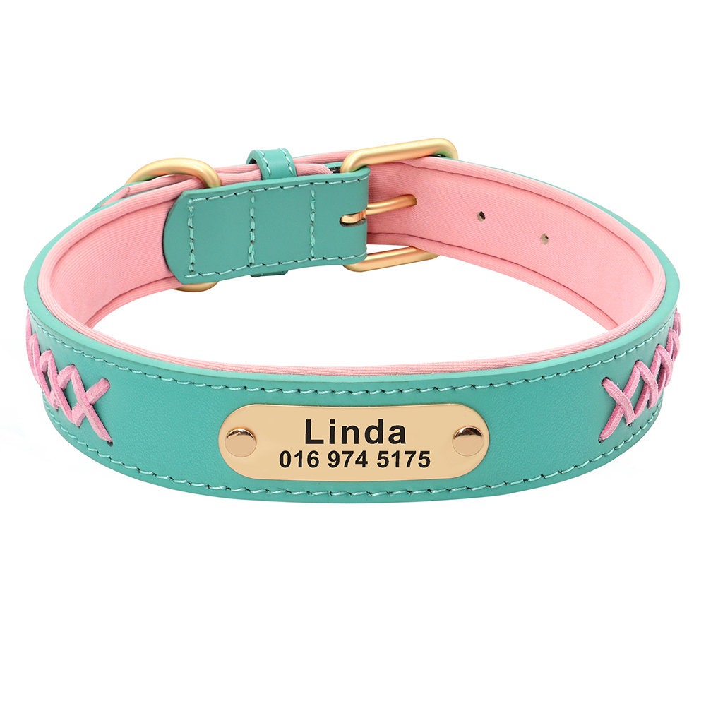 Personalised Genuine Leather Dog Collar, Custom Red Pink Blue Brown Black Soft Braided Real Leather Dog Collar