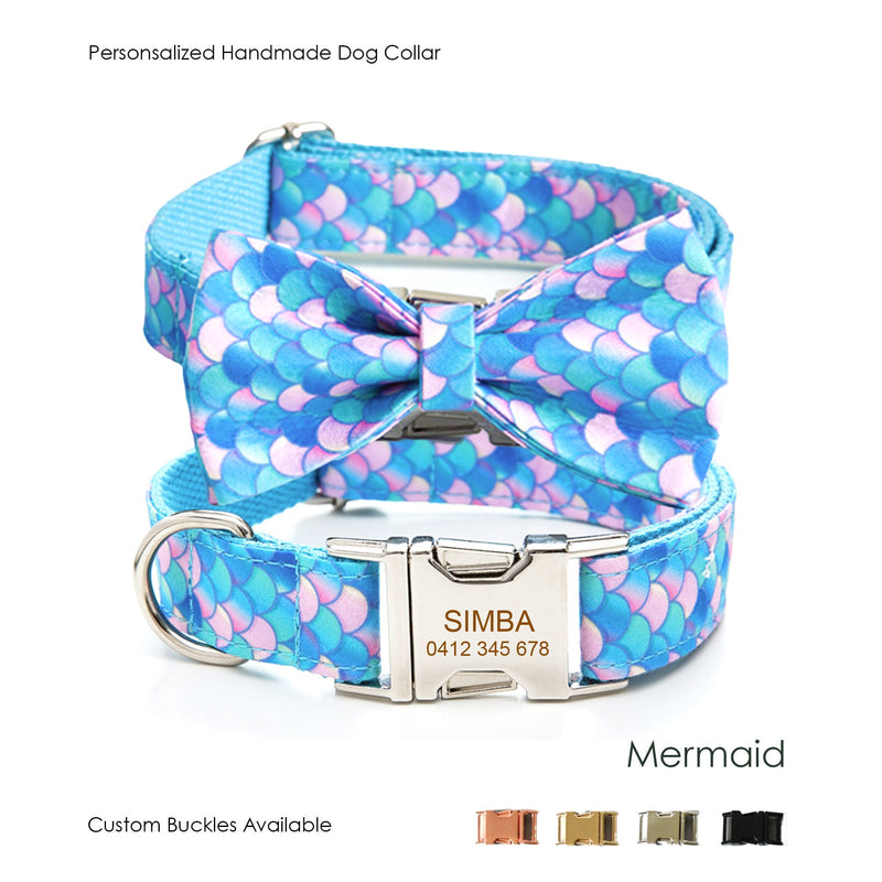 Dog Collar Personalized Engraved Handmade Mermaid Design Dog Collar and Lead Set, Dog Bow Tie