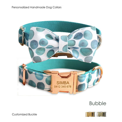 Personalised Cute Boy Dog Collar or Dog Collar and Lead Set in Bubble Pattern, Custom Engraved with Name