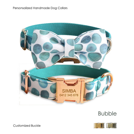 Personalised Cute Boy Dog Collar or Dog Collar and Lead Set in Bubble Pattern, Custom Engraved with Name