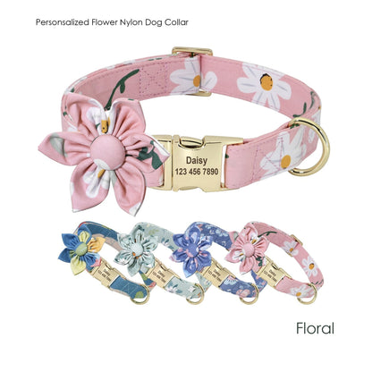 Personalised Floral Dog Collar with Pink Daisy Custom Engraved Girl Dog Collar, Removable Flower