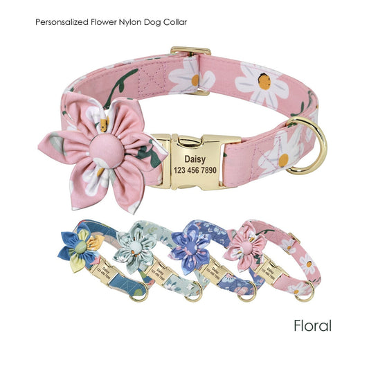 Personalised Floral Dog Collar with Pink Daisy Custom Engraved Girl Dog Collar, Removable Flower