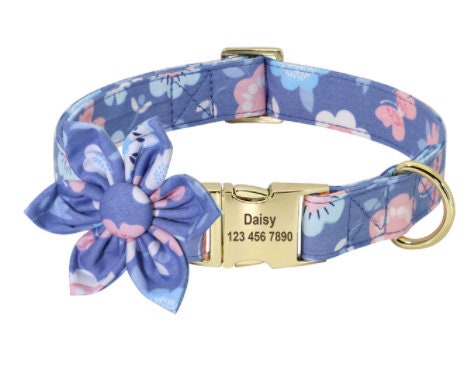 Personalised Floral Dog Collar with Pink Daisy Custom Engraved Girl Dog Collar, Removable Flower