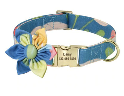 Personalised Floral Dog Collar with Pink Daisy Custom Engraved Girl Dog Collar, Removable Flower
