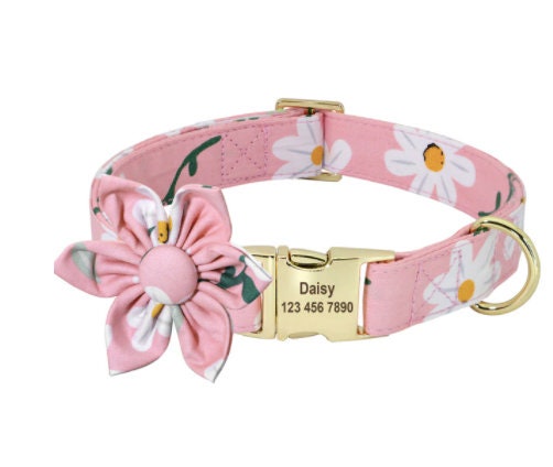 Personalised Floral Dog Collar with Pink Daisy Custom Engraved Girl Dog Collar, Removable Flower