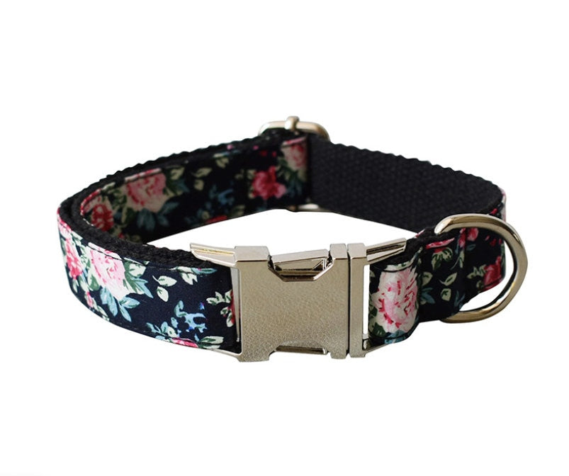 Personalised Black Peony Floral Dog Collar or Dog Collar and Lead