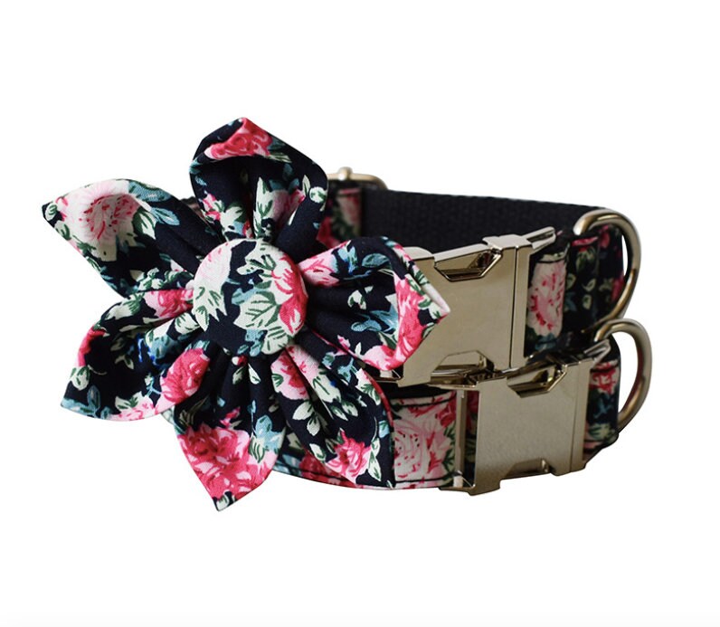 Personalised Black Peony Floral Dog Collar or Dog Collar and Lead