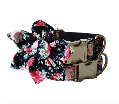 Personalised Black Peony Floral Dog Collar or Dog Collar and Lead