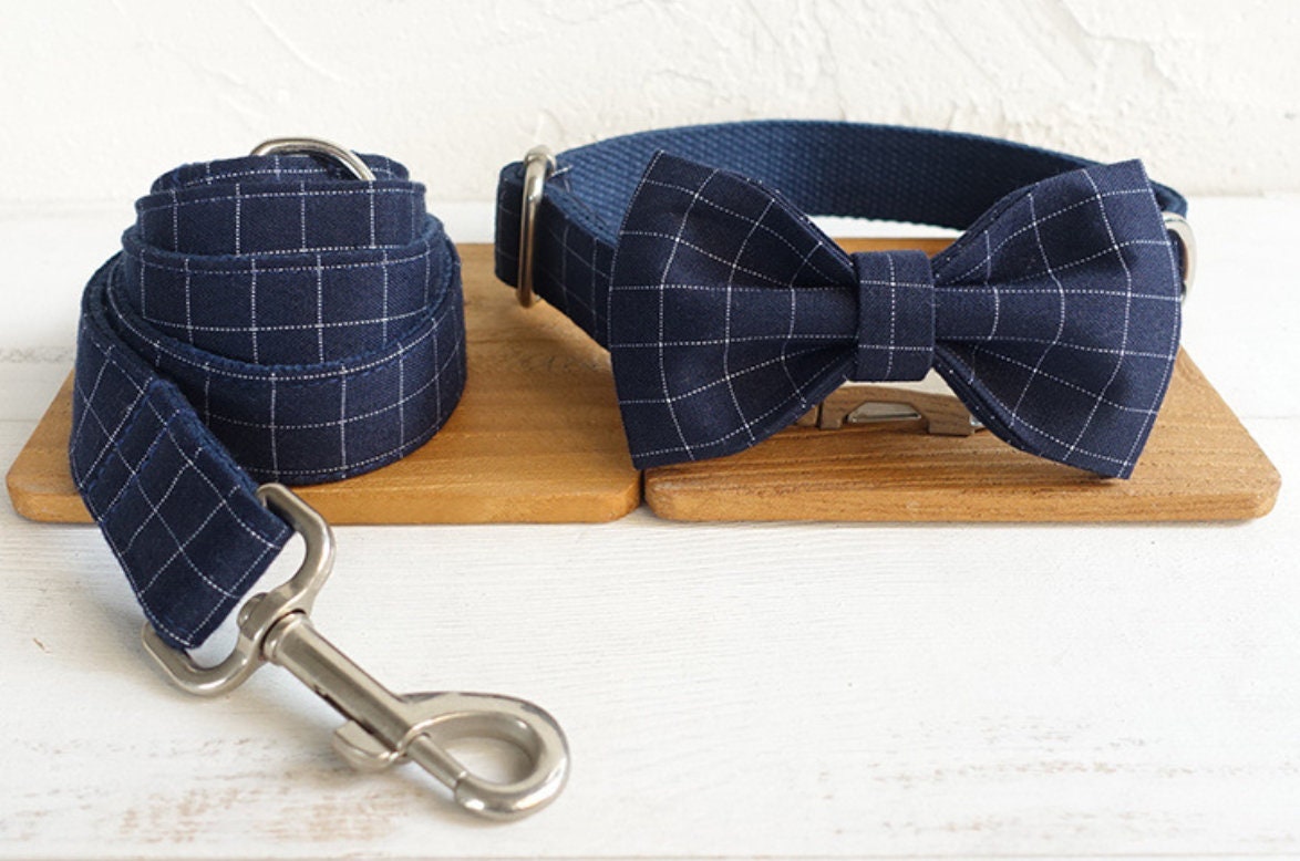Personalised BLUE GREY PLAID Boy Dog Collar or Dog Collar and Lead Set