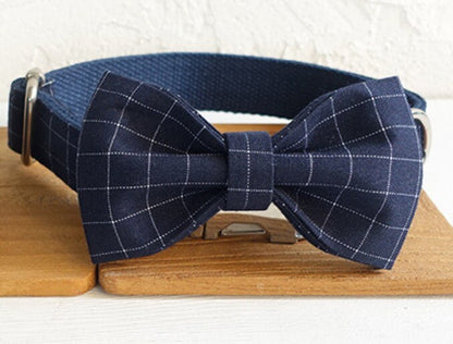 Personalised BLUE GREY PLAID Boy Dog Collar or Dog Collar and Lead Set