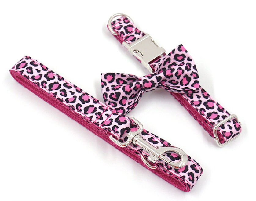 Personalised Pink Leopard Dog Collar or Dog Collar and Lead Set