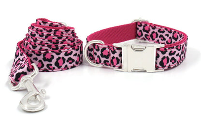 Personalised Pink Leopard Dog Collar or Dog Collar and Lead Set