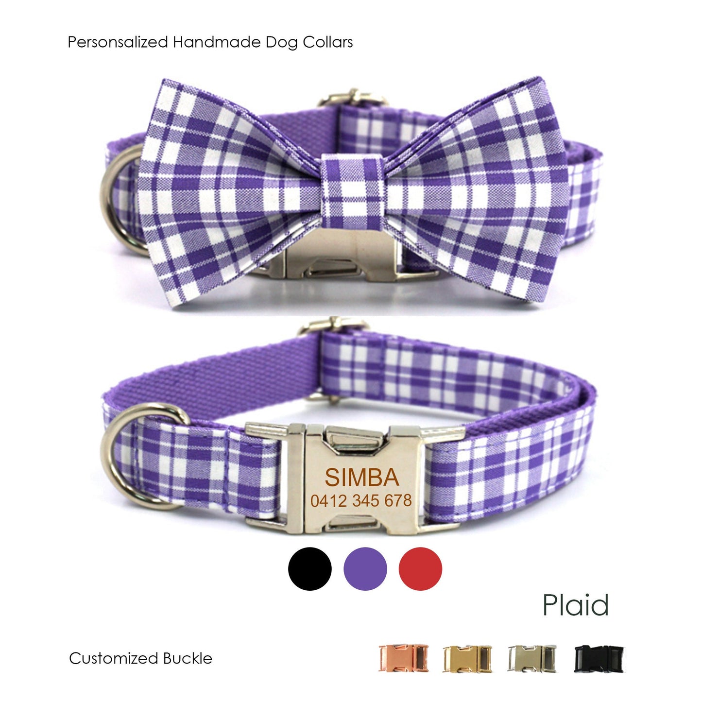 Personalised Dog Collar and Lead Set with Matching Dog Bow Tie in Purple, Red, Black and Plaid Pattern Design