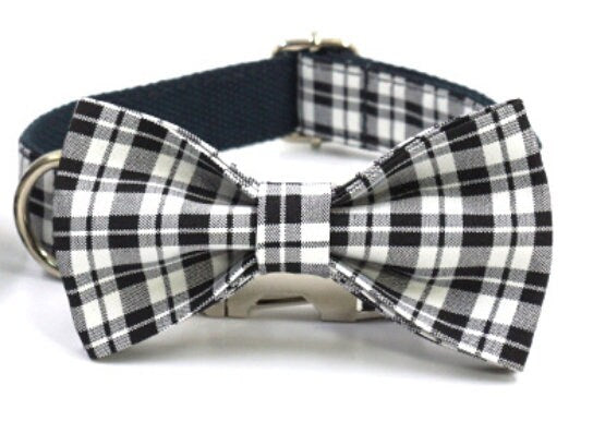 Personalised Dog Collar and Lead Set with Matching Dog Bow Tie in Purple, Red, Black and Plaid Pattern Design