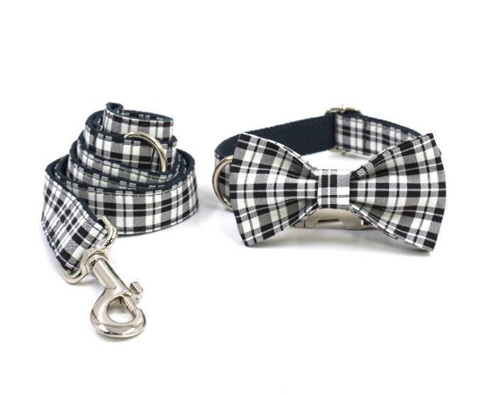 Personalised Dog Collar and Lead Set with Matching Dog Bow Tie in Purple, Red, Black and Plaid Pattern Design