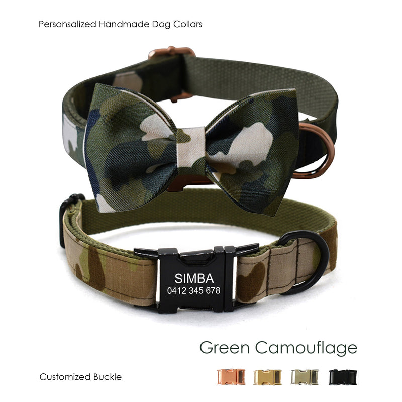 Personalized Engraved Green Camouflage Dog Collar with Name or Custom Dog Collar and Lead Set, Removable Dog Bow Tie Available
