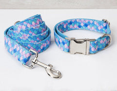 Dog Collar Personalized Engraved Handmade Mermaid Design Dog Collar and Lead Set, Dog Bow Tie
