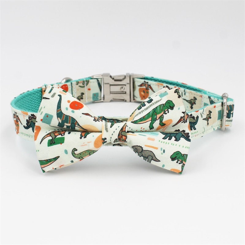 Personalized Engraved Handmade Dinosaur Green Dog Collar Dog Bow Tie, CLEARANCE