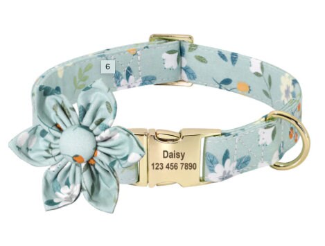 Personalised Floral Dog Collar with Pink Daisy Custom Engraved Girl Dog Collar, Removable Flower