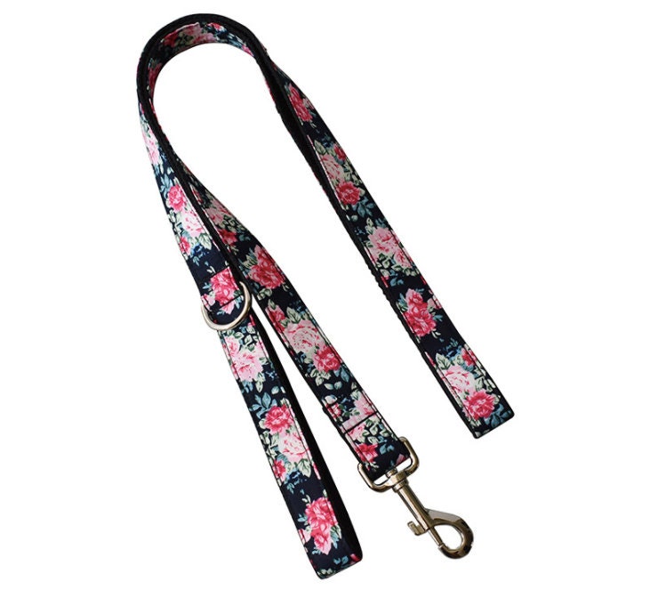 Personalised Black Peony Floral Dog Collar or Dog Collar and Lead