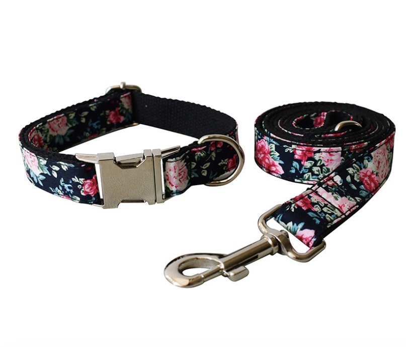Personalised Black Peony Floral Dog Collar or Dog Collar and Lead